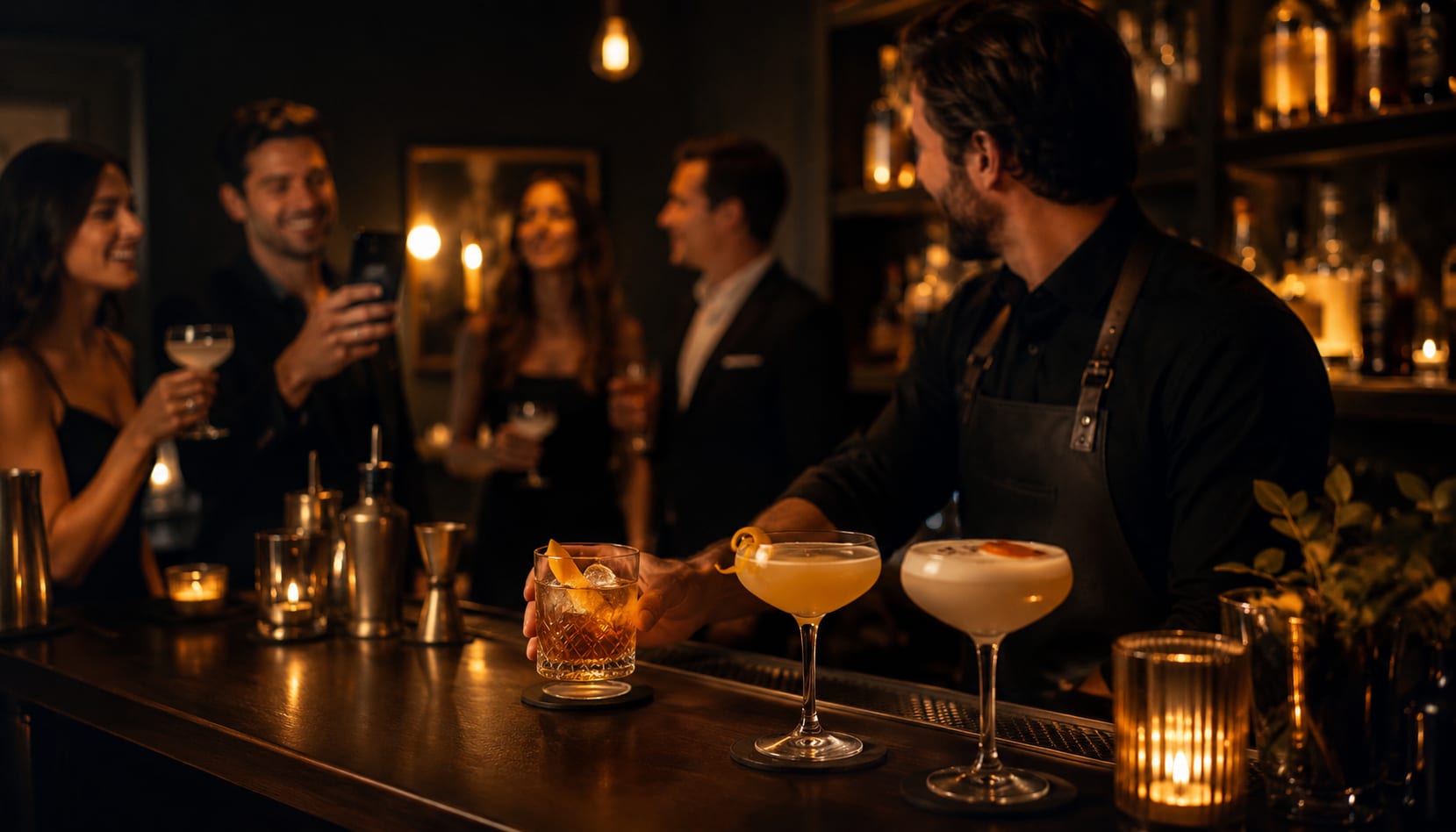 Friends ordering cocktails at a home bar party